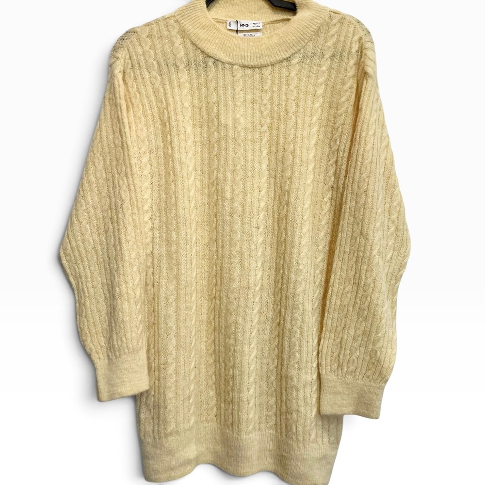 Mango MNG Women Yellow Cable Knit Wool‎ Blend Oversized Mock Neck Sweater M NWT